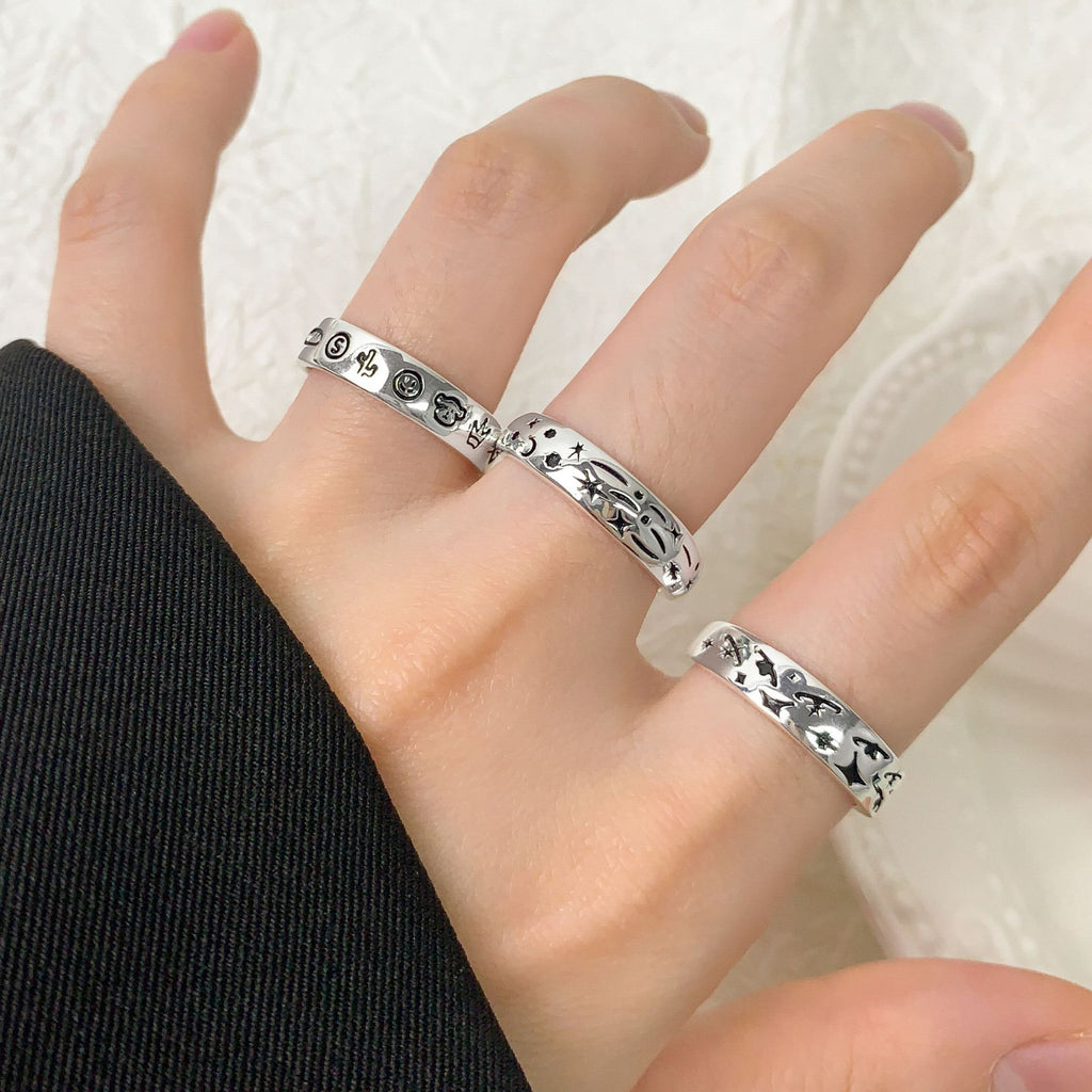 Party Black Graffiti Star Moon 925 Sterling Silver Adjustable Ring