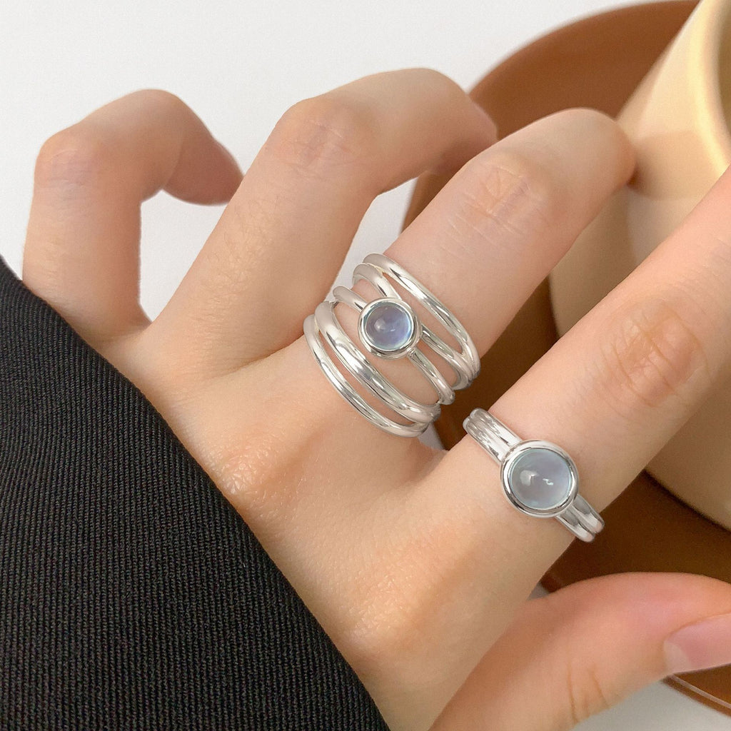 Multi Layers Rond Natural Aquamarine 925 Sterling Silver Adjustable Ring