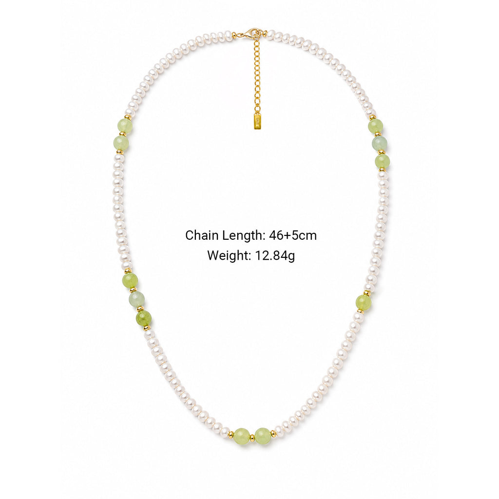 Minimalist Light Green Jade Small Freshwater Pearl Gold Beaded Adjustable 925 Sterling Silver Necklace