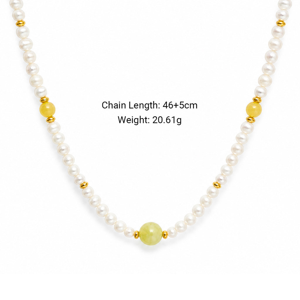 Cream White Pearl Warm Yellow Natural Jade Beaded Strand 925 Sterling Silver Necklace
