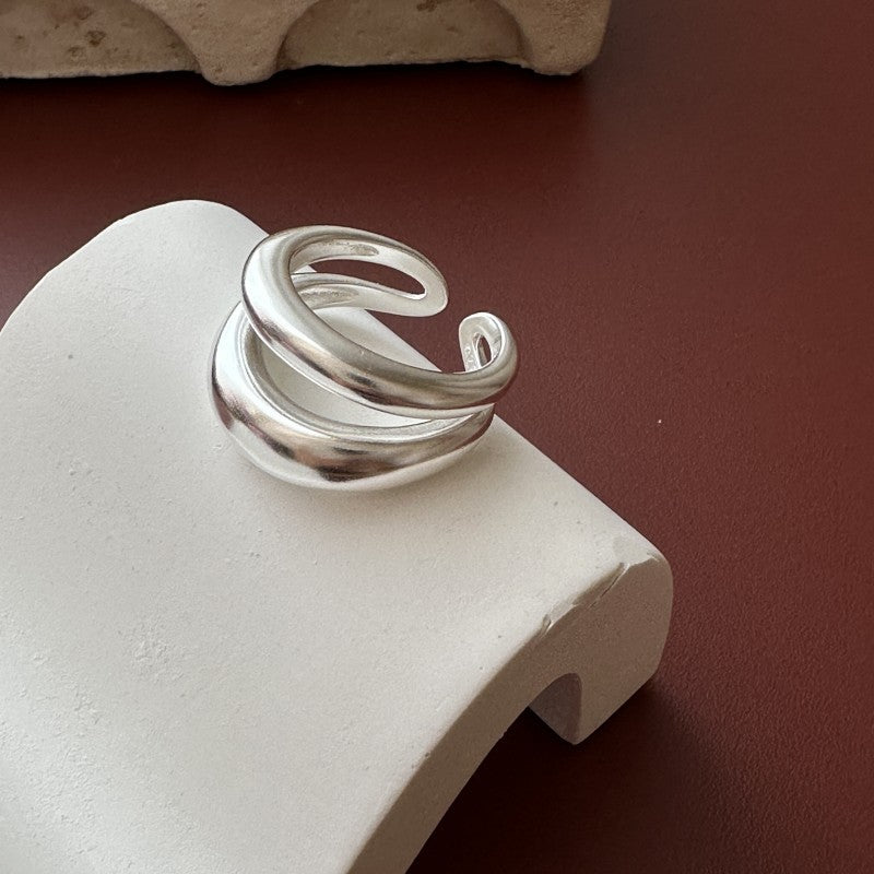 Women Modern Minimalist Fashion Jewelry Irregular Double Layer Open Ring Solid 925 Sterling Silver Geometric Wrap Adjustable Ring