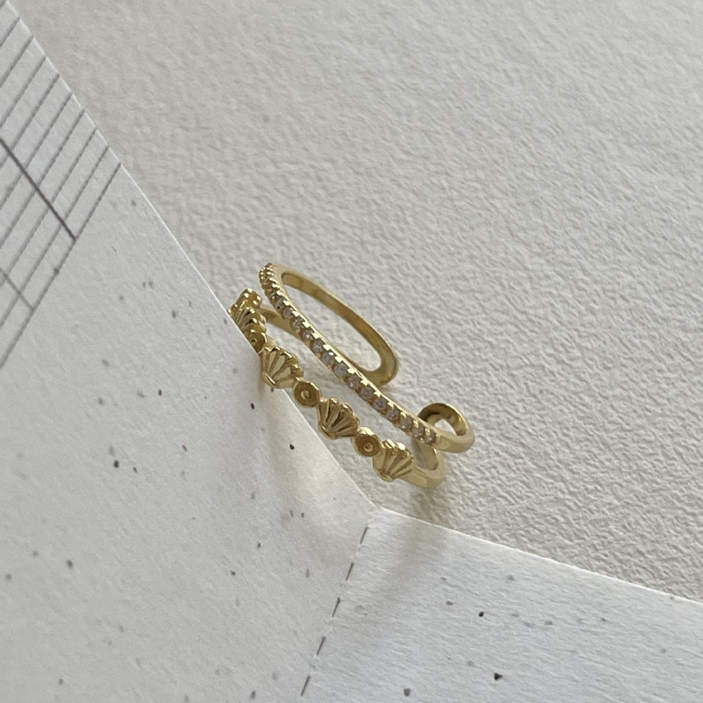 Women Fashion Double Layers CZ Shell 925 Sterling Silver Adjustable Ring