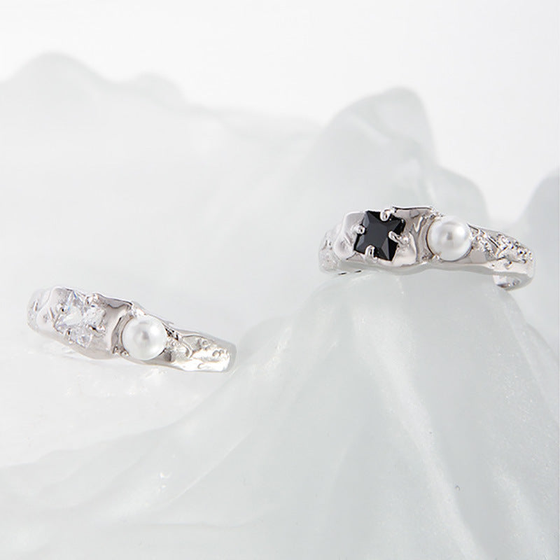 Minimalist Geometric Black Stone and Pearl Adjustable 925 Sterling Silver Ring