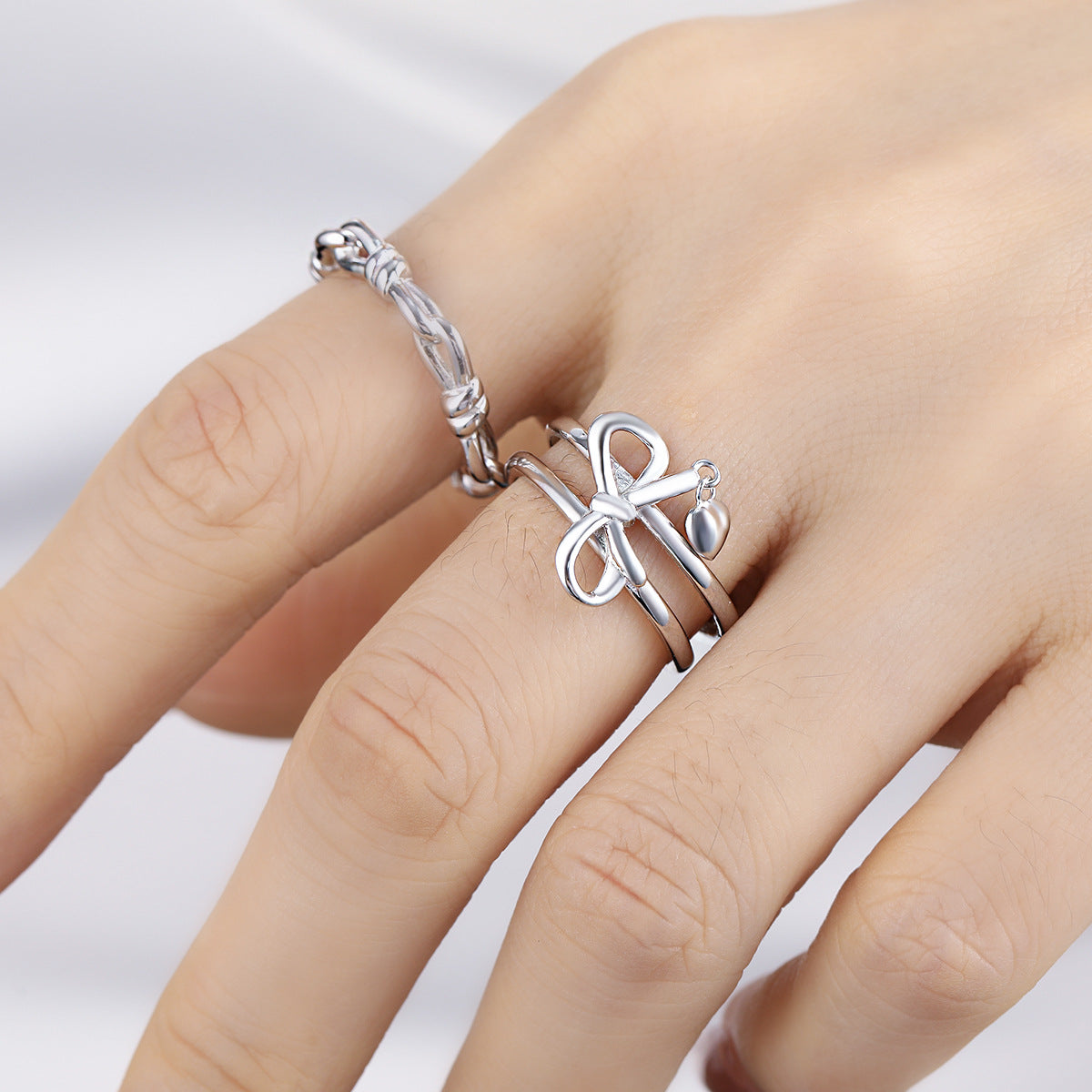 New Double Band Adjustable Bowknot Heart Charm 925 Sterling Silver Fashionable Women's Ring