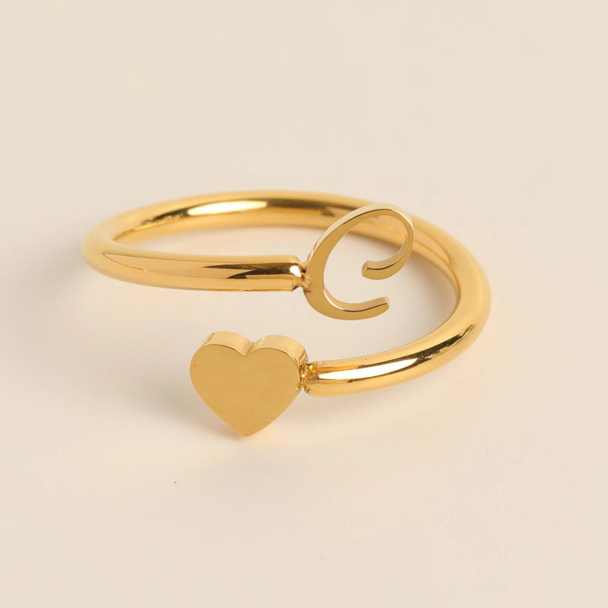initial simple letter ring, three-dimensional heart-shaped tail ring, adjustable openin