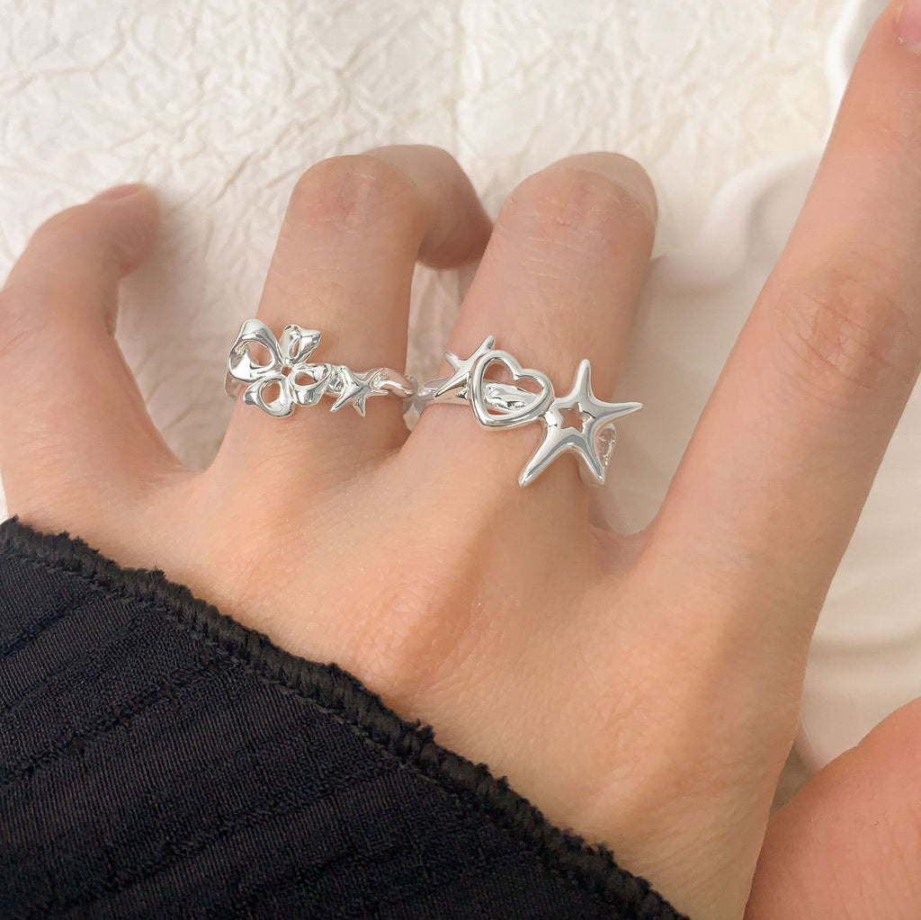 Girl Hollow Moonstone Stars Heart 925 Sterling Silver Adjustable Ring