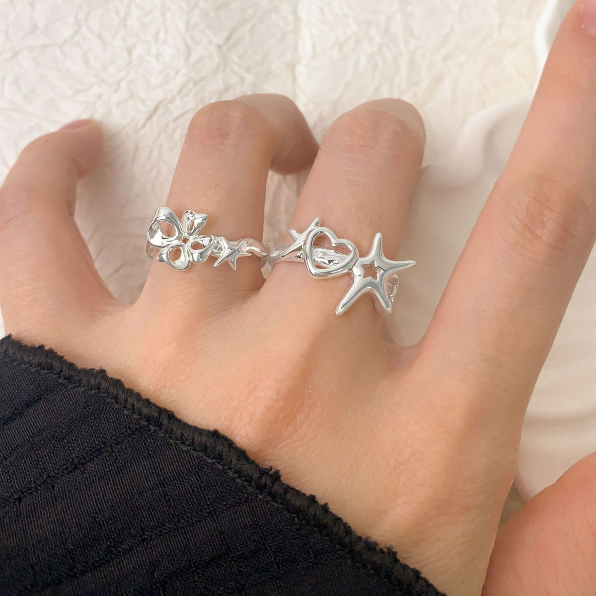 Girl Hollow Moonstone Stars Heart 925 Sterling Silver Adjustable Ring