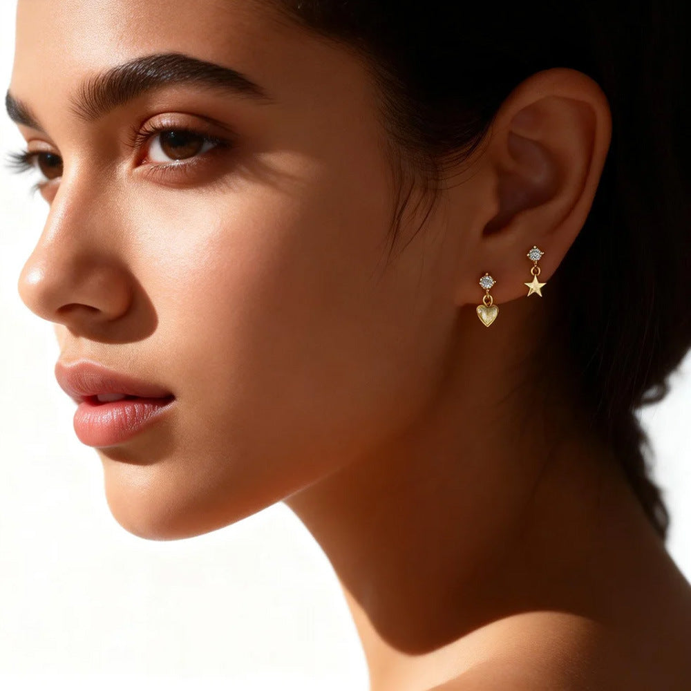 Pendientes con colgantes de zirconia cúbica en forma de mini corazón y estrella en plata esterlina S925