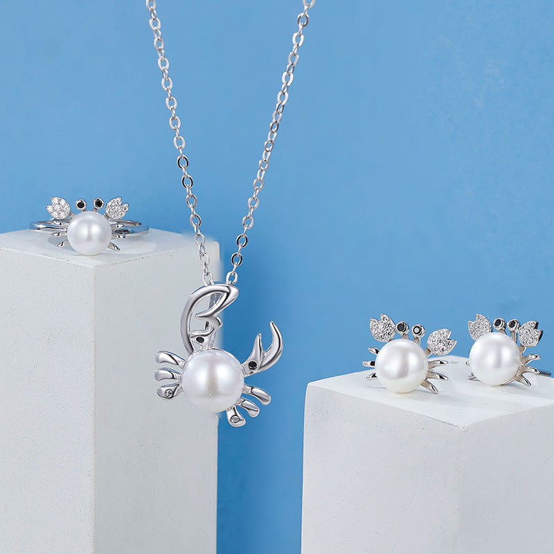 Pearl Crab O Chain Cute Ocean Inspired Women 925 Sterling Silver Pendant Necklace