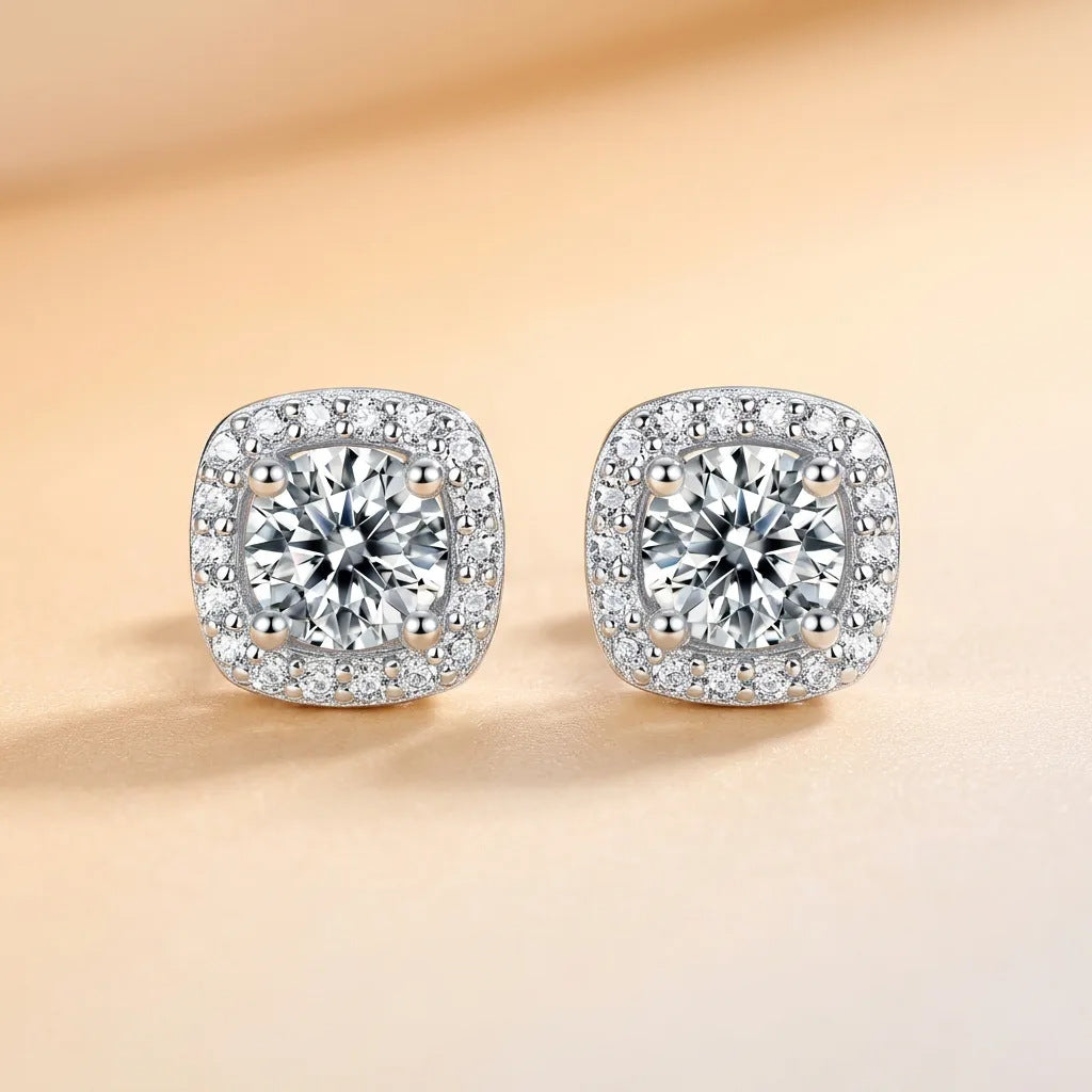 Square Cushion Halo Moissanite White 925 Sterling Silver Geometric Ear Stud Earrings