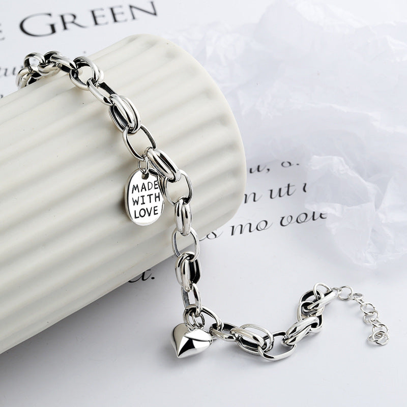Heart Charm Link Chain Solid 925 Sterling Silver Vintage Bracelet