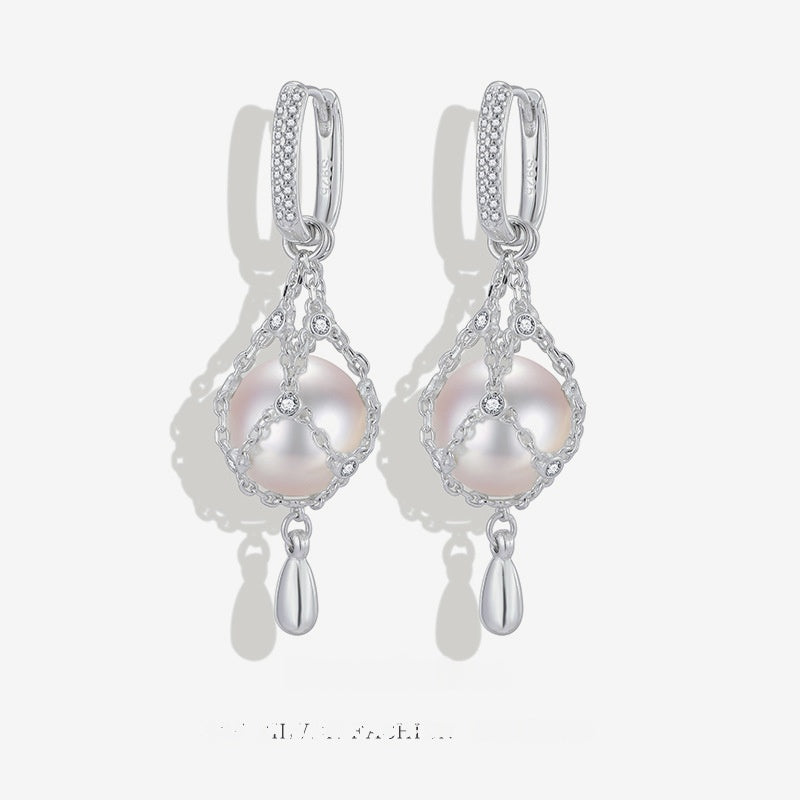Elegant Net Design Freshwater Pearl 925 Sterling Silver Dangle Earrings