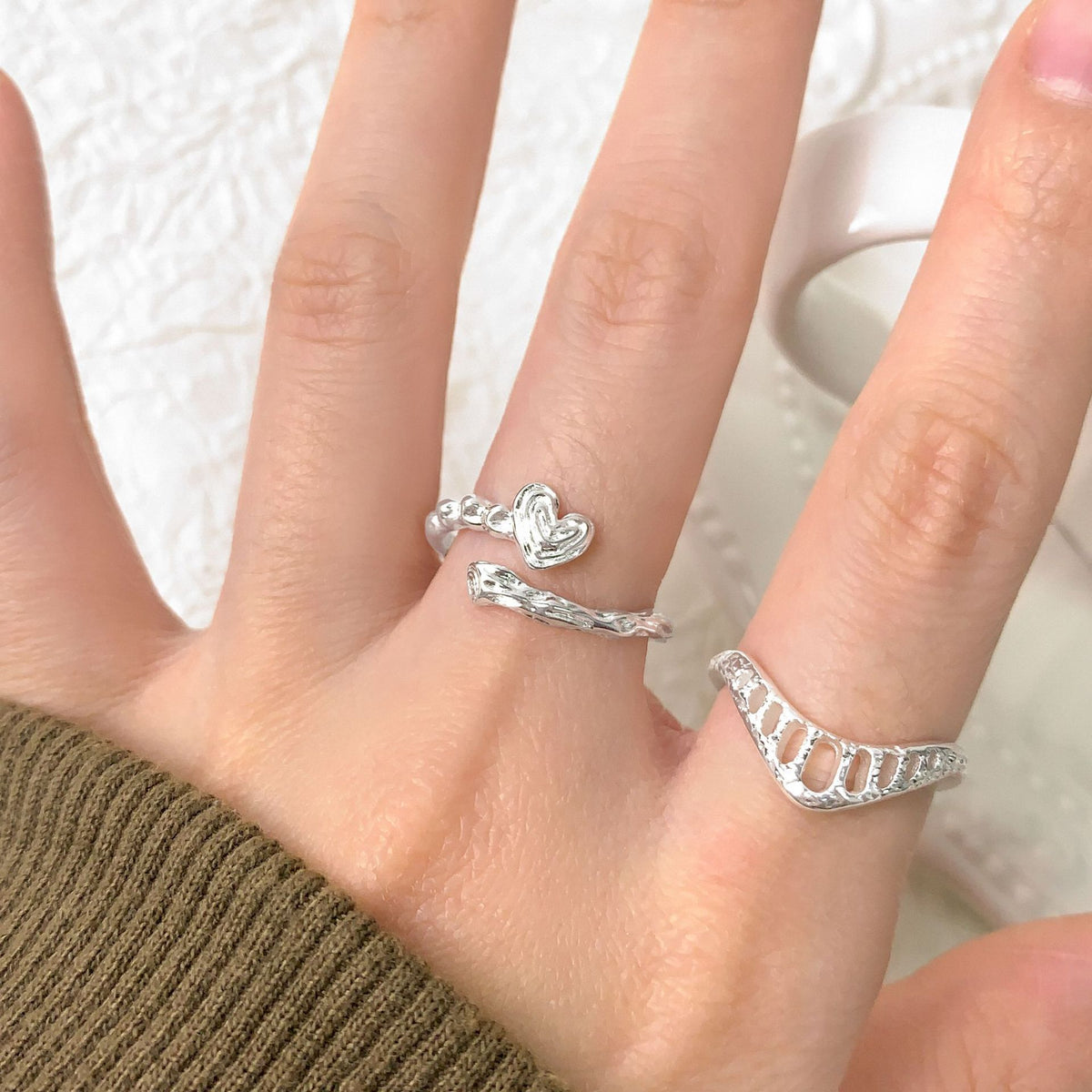 Causal Irrgular Hollow Crown 925 Sterling Silver Adjustable Ring