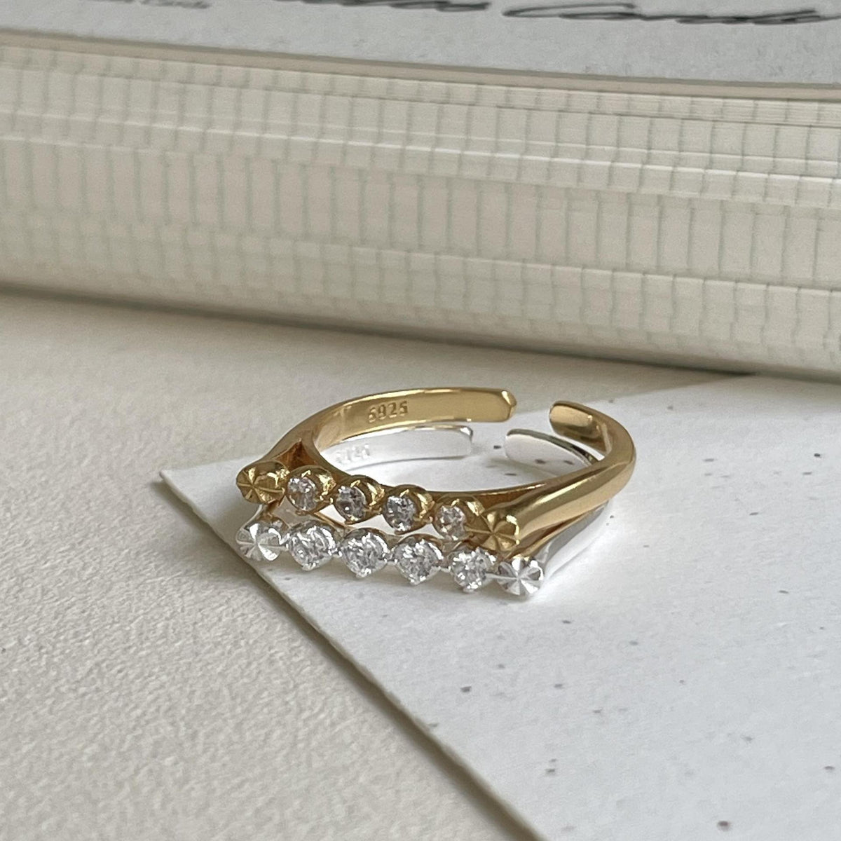 Holiday Round CZ Lines 925 Sterling Silver Adjustable Ring