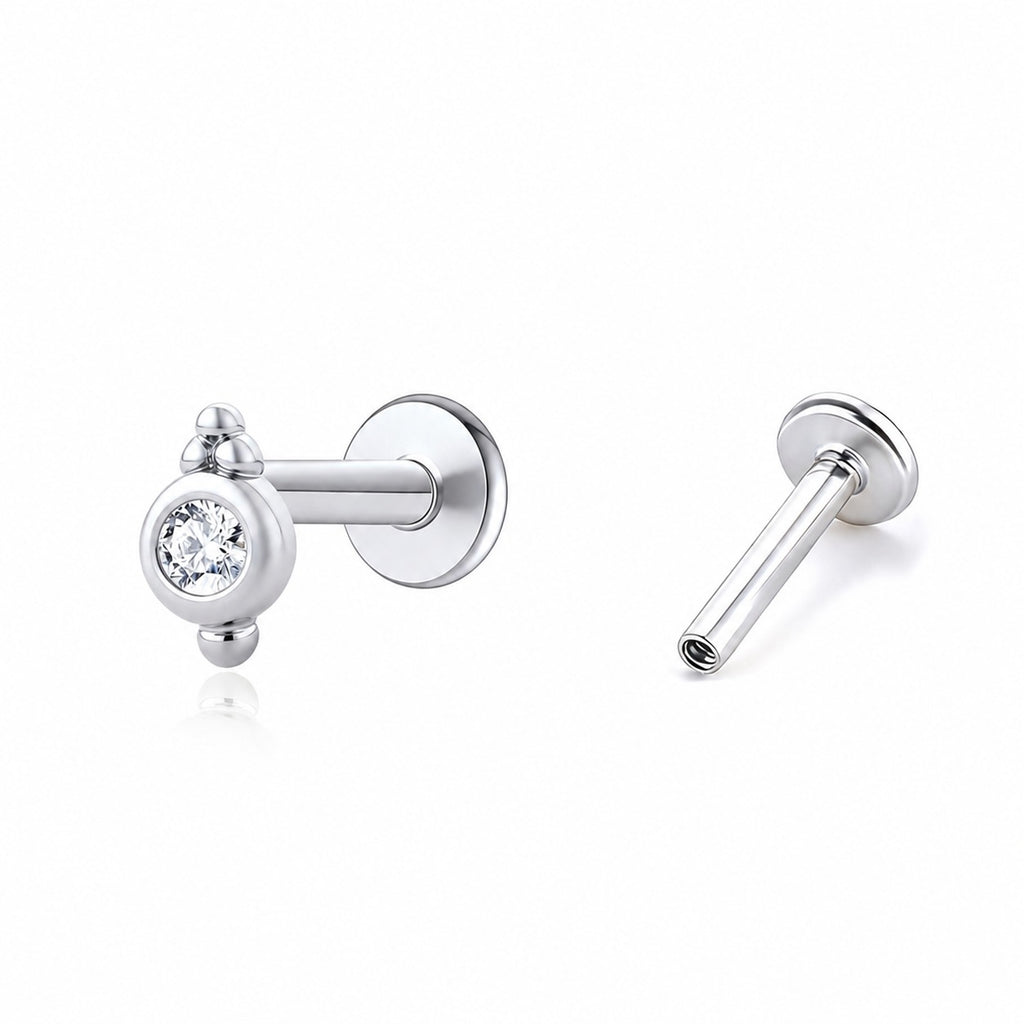 Geometric Round Cubic Zirconia Flat Back Ear Stud Zirconia 925 Sterling Silver Threaded Cartilage Piercing Stud Earring (Single)
