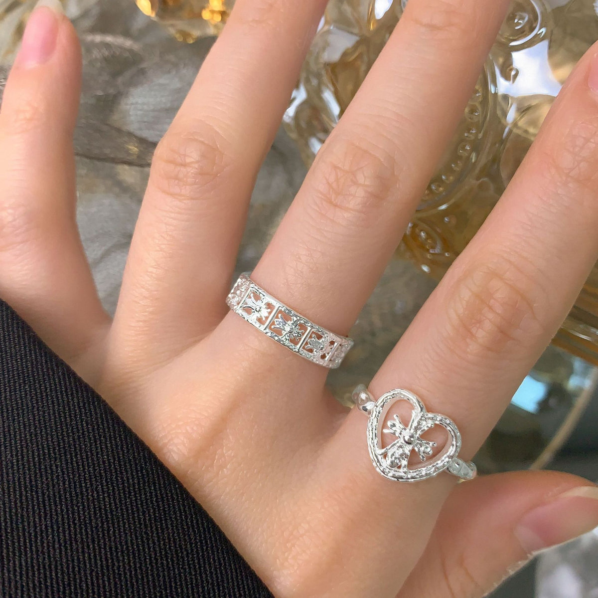 Graduation Hollow Heart Irregular 925 Sterling Silver Adjustable Ring