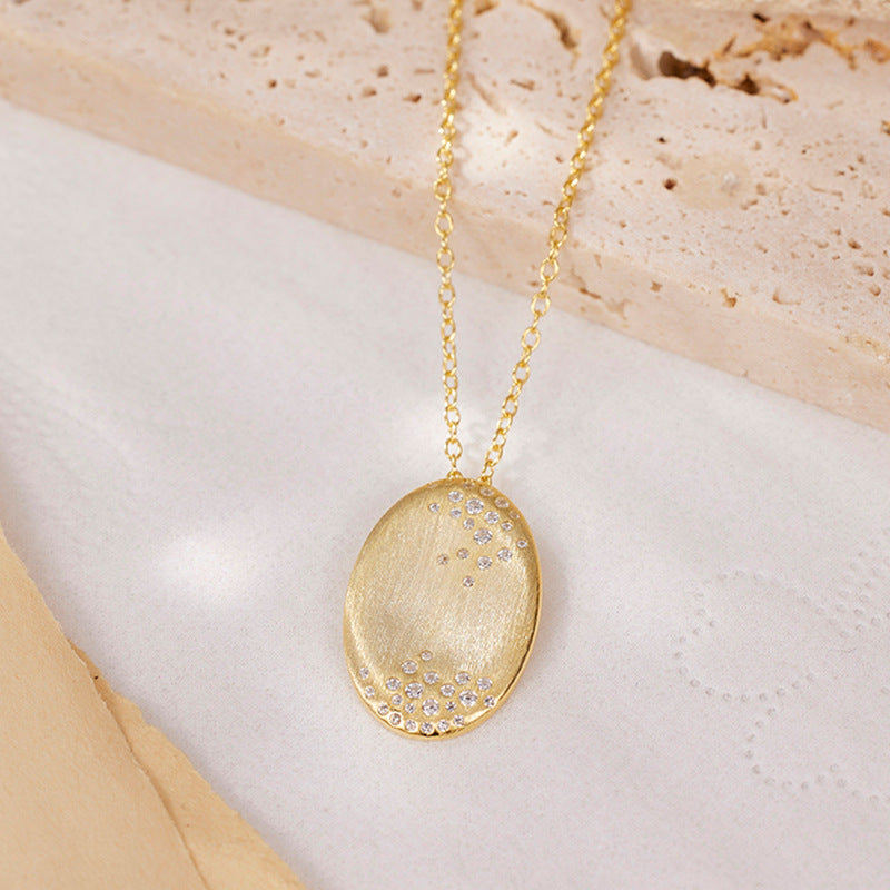 Geometric Oval Brushed Finish Cubic Zirconia 18K Gold Plated 925 Sterling Silver Pendant Necklace