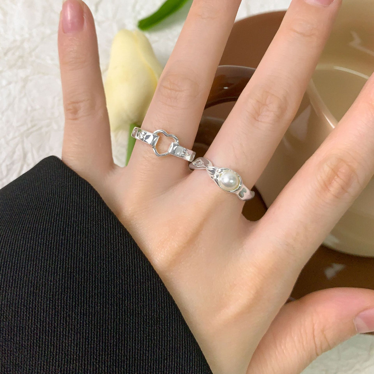 Women Gift Round Natural Pearl 925 Sterling Silver Twisted Adjustable Ring