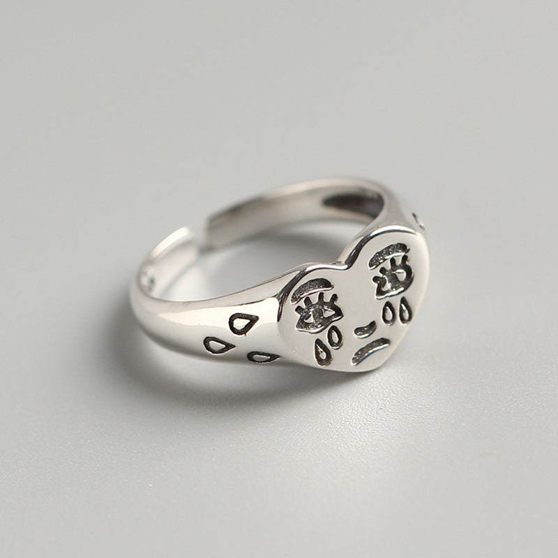 Vintage Heart Shape Crying Face 925 Sterling Silver Adjustable Ring
