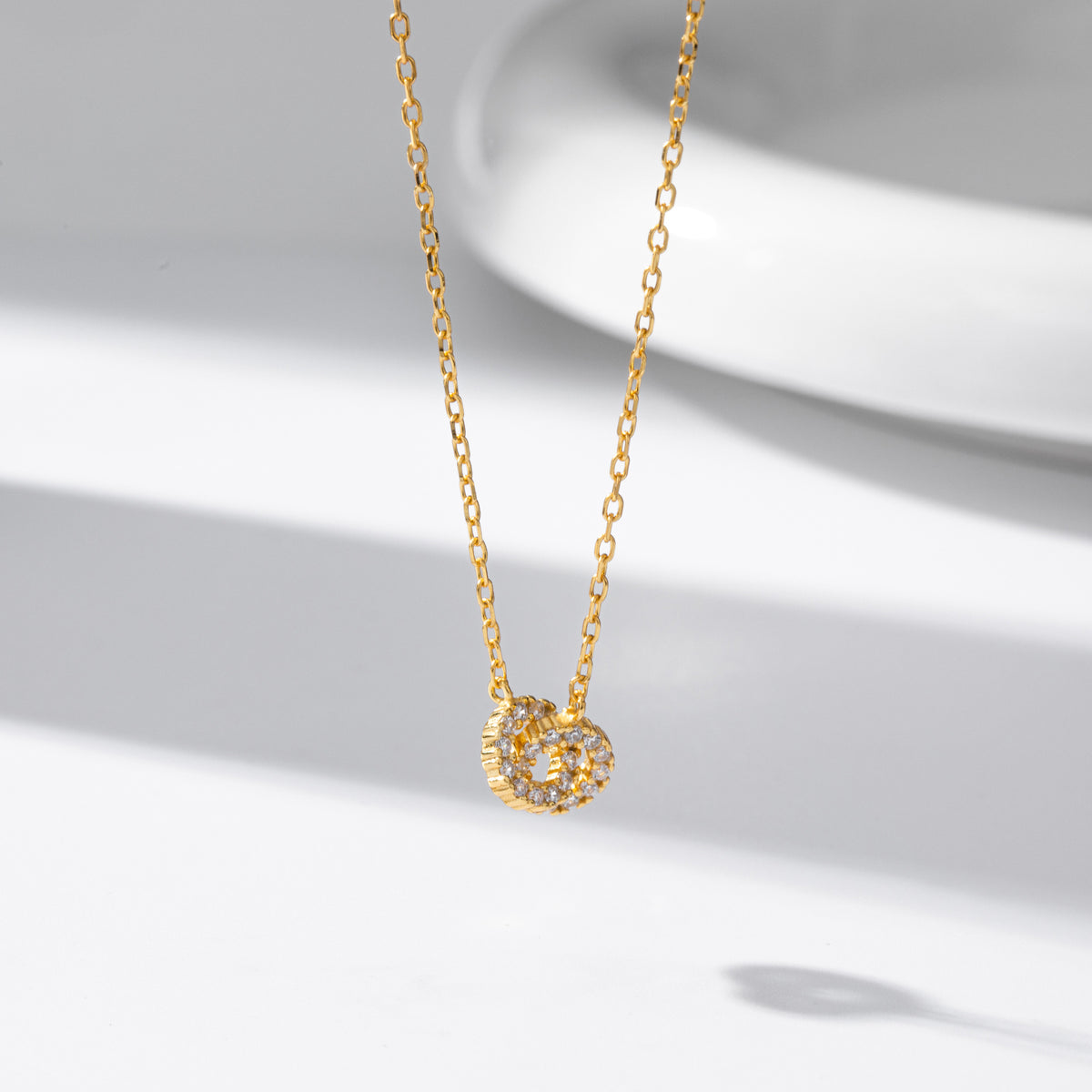 Geometric Double Interlocking Circle 18K Gold and Rhodium Plated  Cubic Zirconia 925 Sterling Silver Pendant Necklace