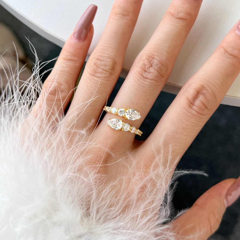 S925 pure silver ring pear shaped zircon high-end design exquisite temperament opening ring women's accessory