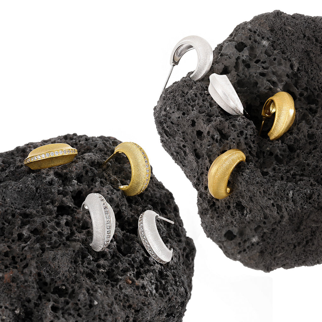 Modern Minimalist Matte Finish Geometric Cubic Zirconia in 925 Sterling Silver and 18K Gold Plated Hoop Earrings