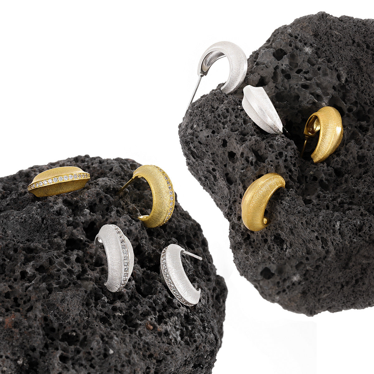 Modern Minimalist Matte Finish Geometric Cubic Zirconia in 925 Sterling Silver and 18K Gold Plated Hoop Earrings