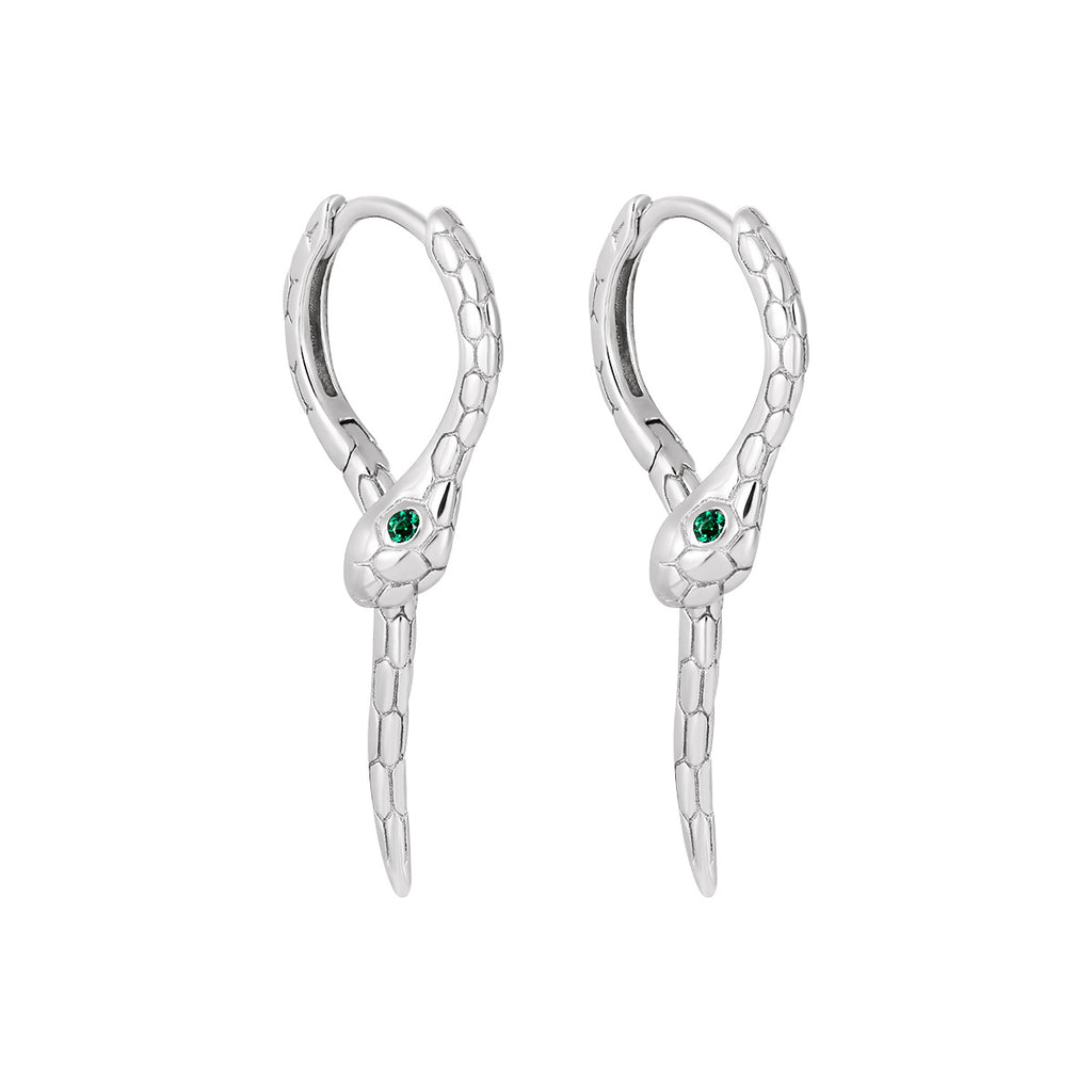 Modern Animal Gree CZ Eye Snake 925 Sterling Silver Leverback Dangling Earrings