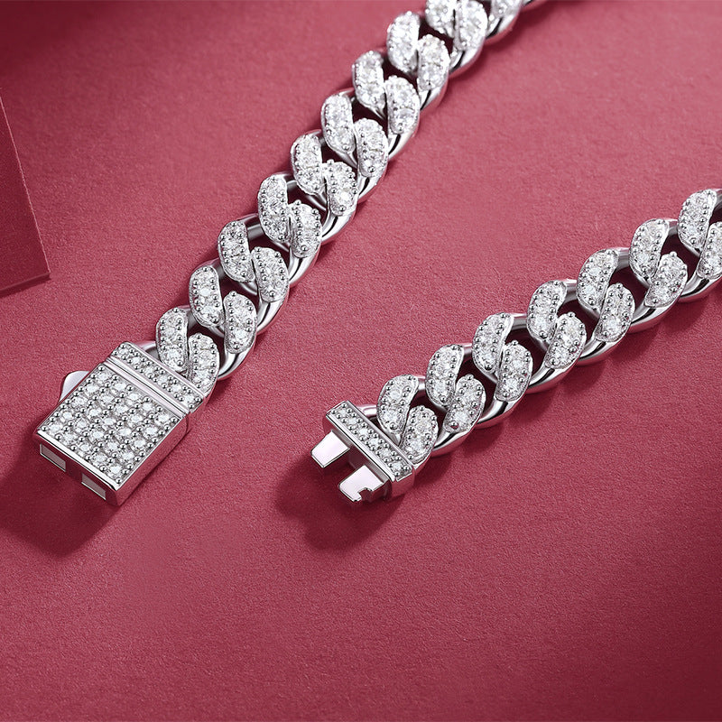 Pulsera geométrica cubana de moissanita de 8 mm en plata esterlina S925 con piedras redondas totalmente engastadas, cadena hip hop con cierre de caja, para mujer, regalo de joyería de moda para fiestas