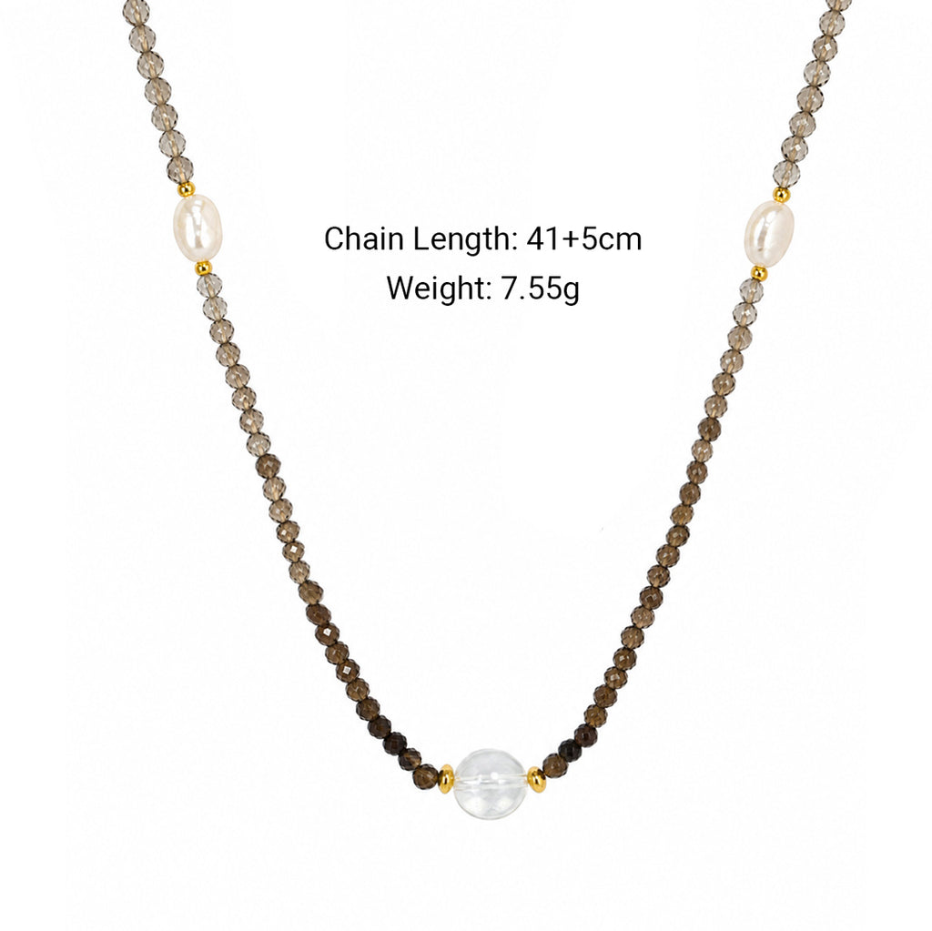 Minimalist Gradient Smoky Quartz Baroque Pearl Gold Beaded Adjustable Ladies Fine Jewelry 925 Sterling Silver Necklace