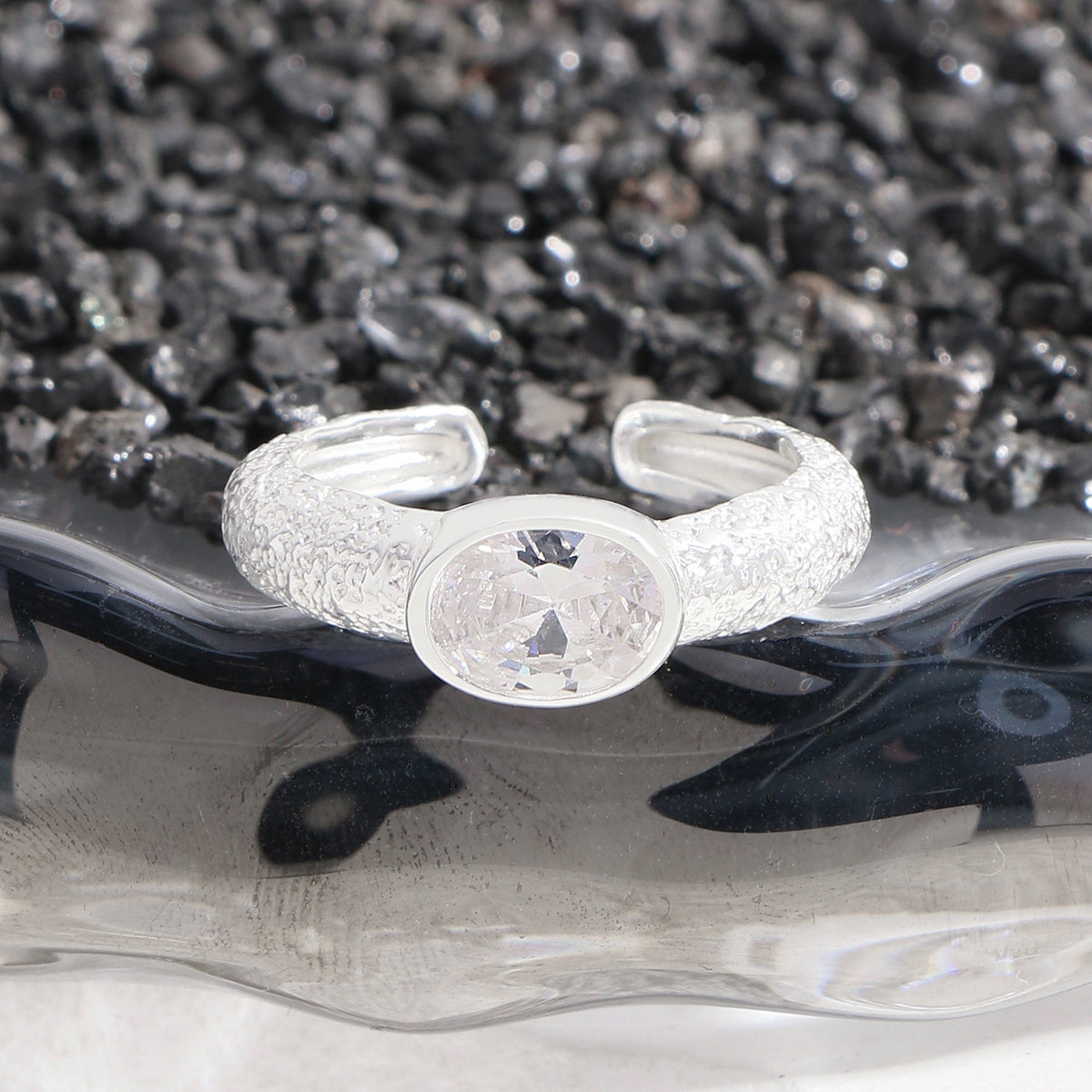 Lady Elegant Oval CZ Irregular 925 Sterling Silver Adjustable Ring
