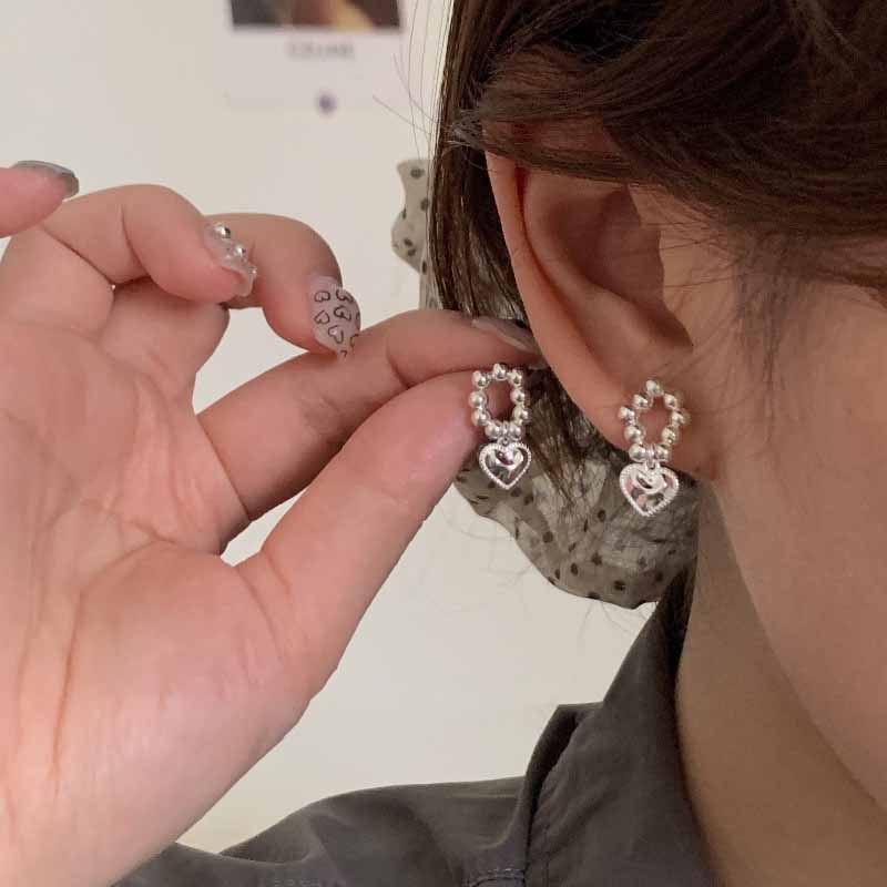 Anniversary Girl Heart Beads 925 Sterling Silver Dangling Earrings
