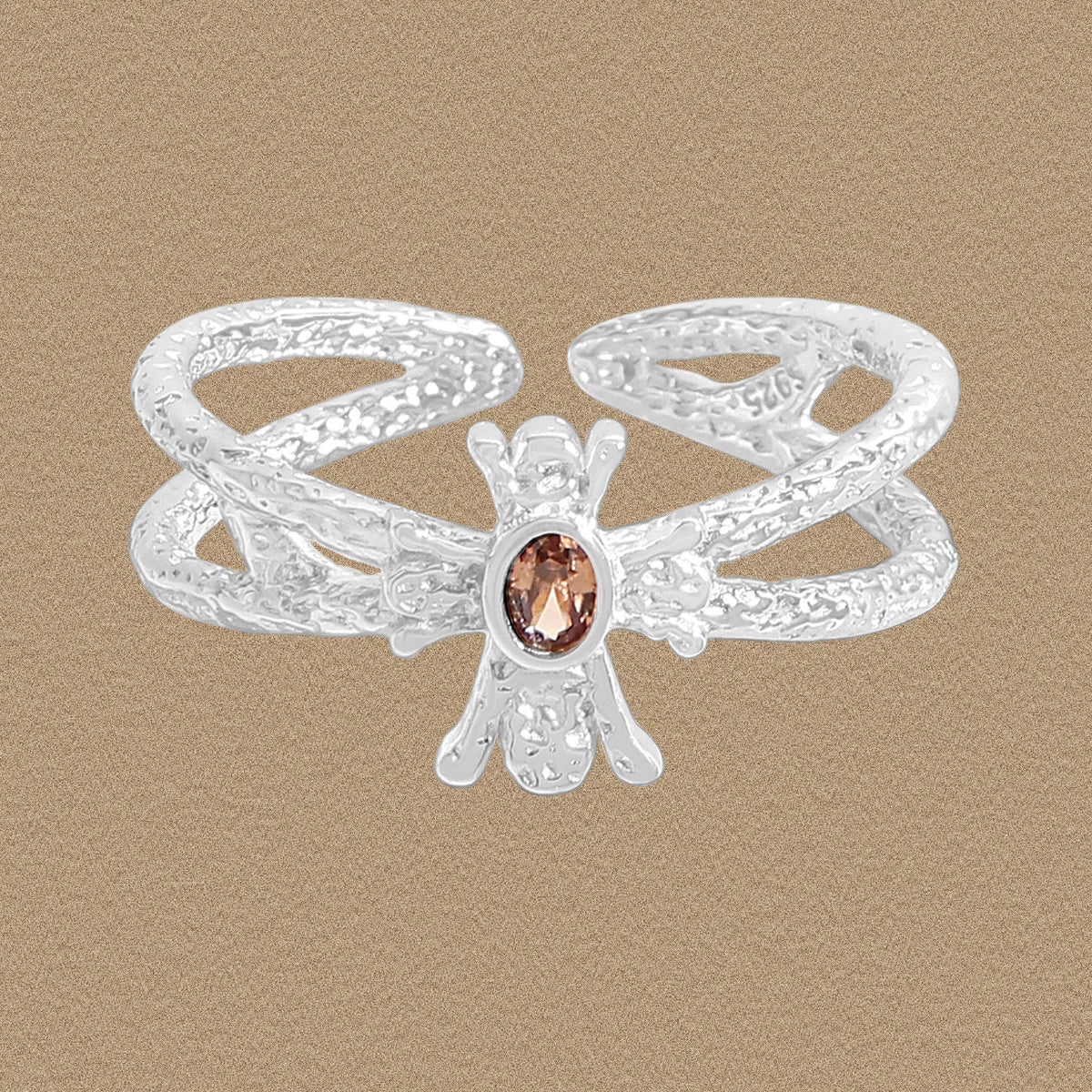 Elegant Double Layers Brown Oval CZ Wand 925 Sterling Silver Adjustable Ring