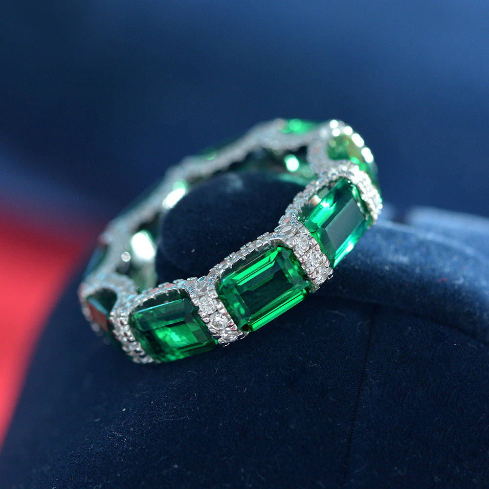 Anillo de Plata Esterlina 925 de Circonia Sintética Esmeralda Verde Corte Esmeralda de Eternidad de Círculo Completo