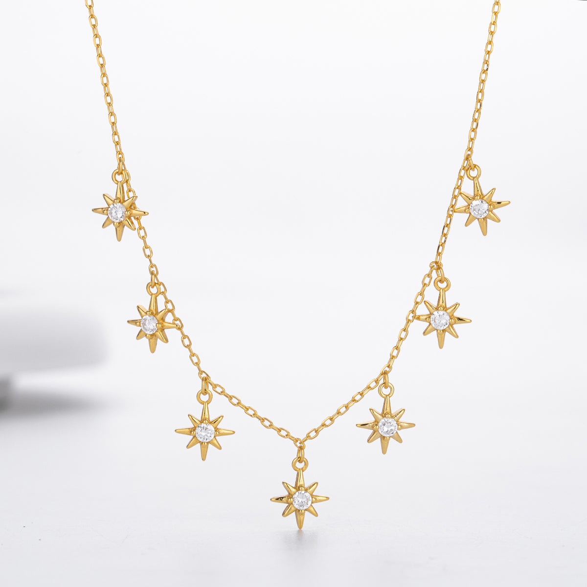 Elegant Women Adjustable Chain Star Design Cubic Zirconia 925 Sterling Silver Necklace