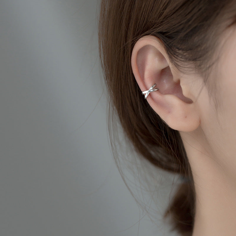 S925 Sterling Silver Silver Minimalist Double Layer Cross Wrap Ear Cuff