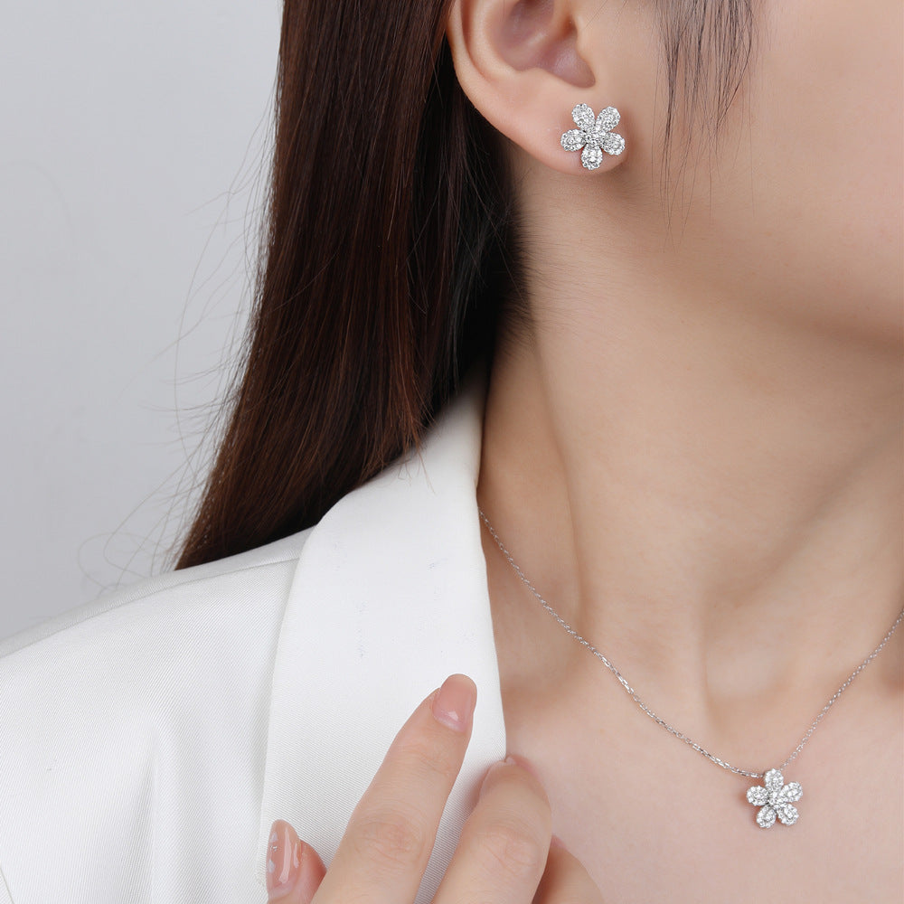 Silver Six Petal Flower Cubic Zirconia Micro Pave S925 Sterling Silver Delicate Floral DesignStud Earrings