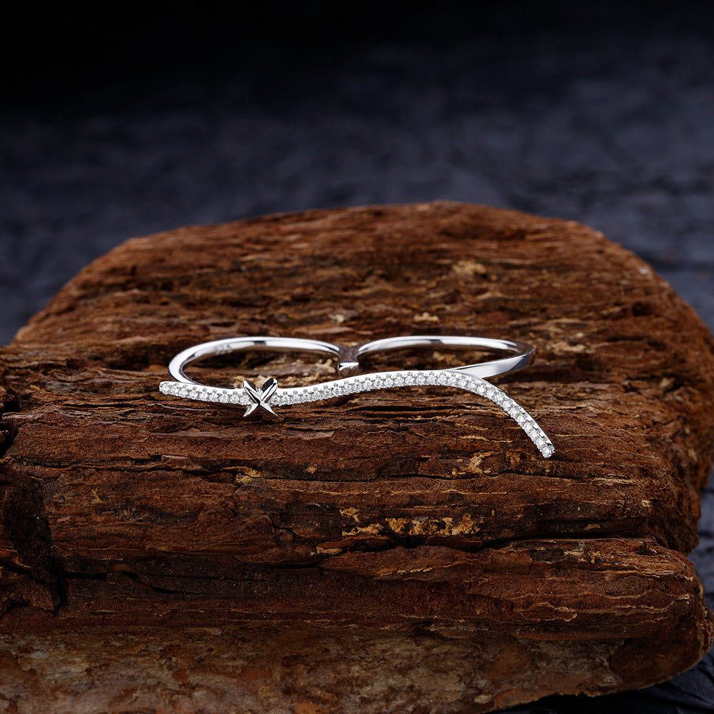Geometric White Cubic Zirconia Irregular Wave Double Finger Ring In S925 Sterling Silver Open Adjustable Ring