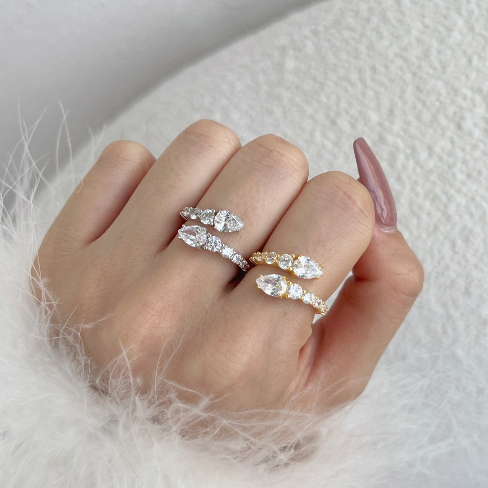S925 pure silver ring pear shaped zircon high-end design exquisite temperament opening ring women's accessory
