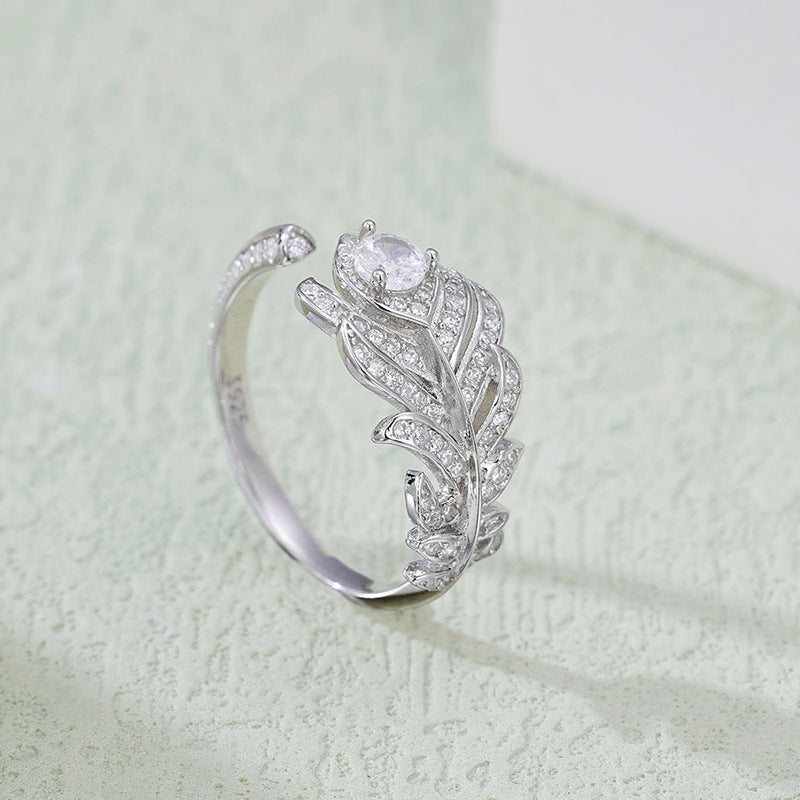 Elegant Peacock Feather Design Cubic Zirconia 925 Sterling Silver Adjustable Ring