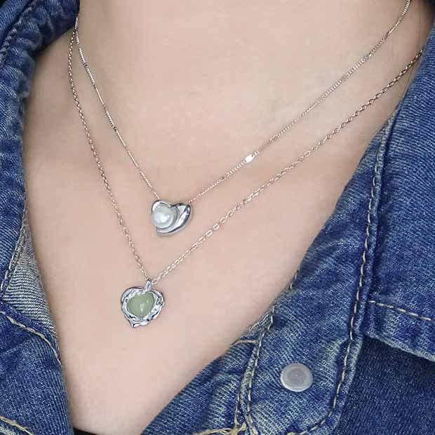 Women Green Crystal Heart Flower Border 925 Sterling Silver Necklace