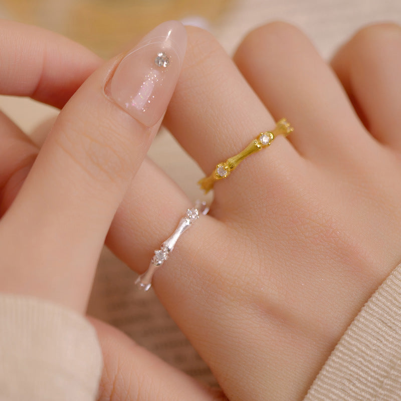 Cubic Zirconia Elegant Vintage Style 925 Sterling Silver Bamboo Design Adjustable Ring