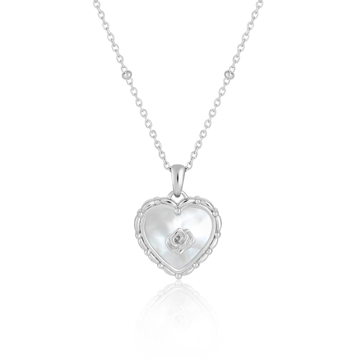 Collar con colgante de corazón y rosa en concha natural de plata de ley 925