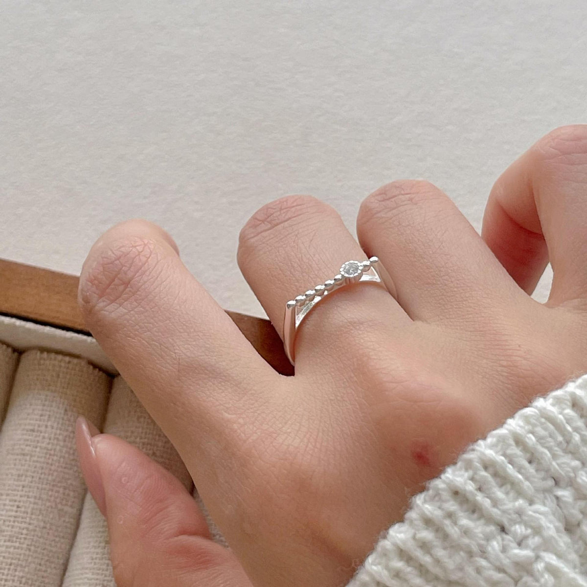 New Round Beads CZ Turntable 925 Sterling Silver Adjustable Ring