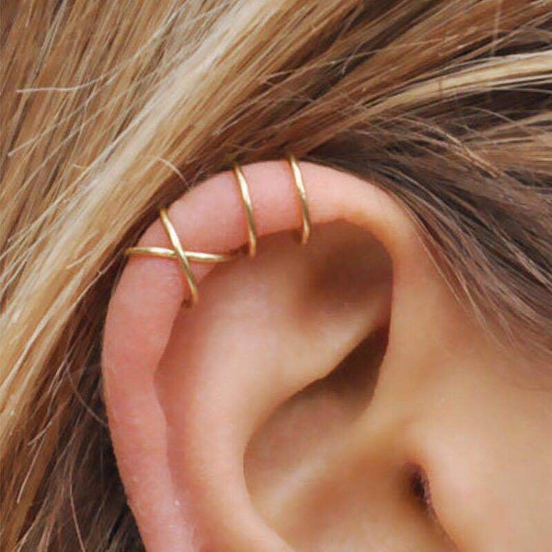 925 Sterling Silver Cross Double Layer Earrings Geometric Line Non Pierced Clip On Ear Cuff