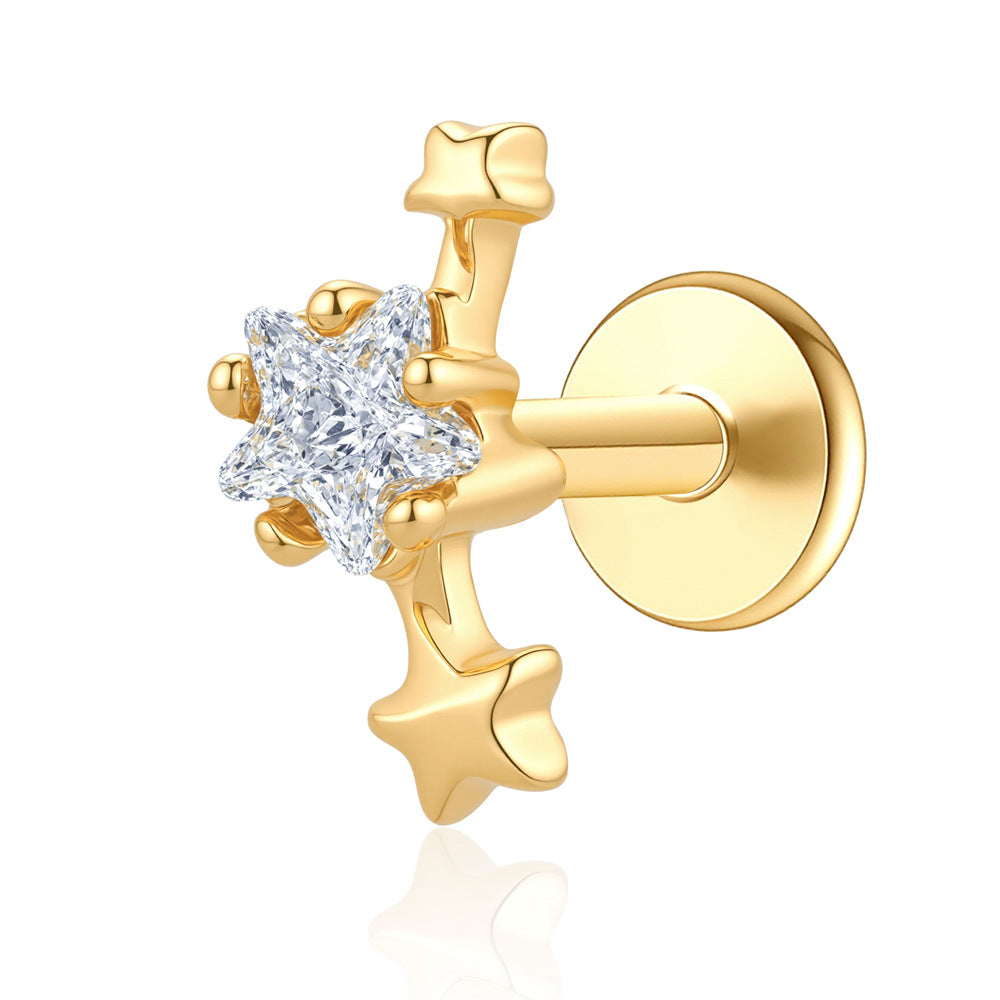 Star Cubic Zirconia 925 Sterling Silver Internal Thread Flat Back Ear Stud Cartilage Piercing Earring (Single)