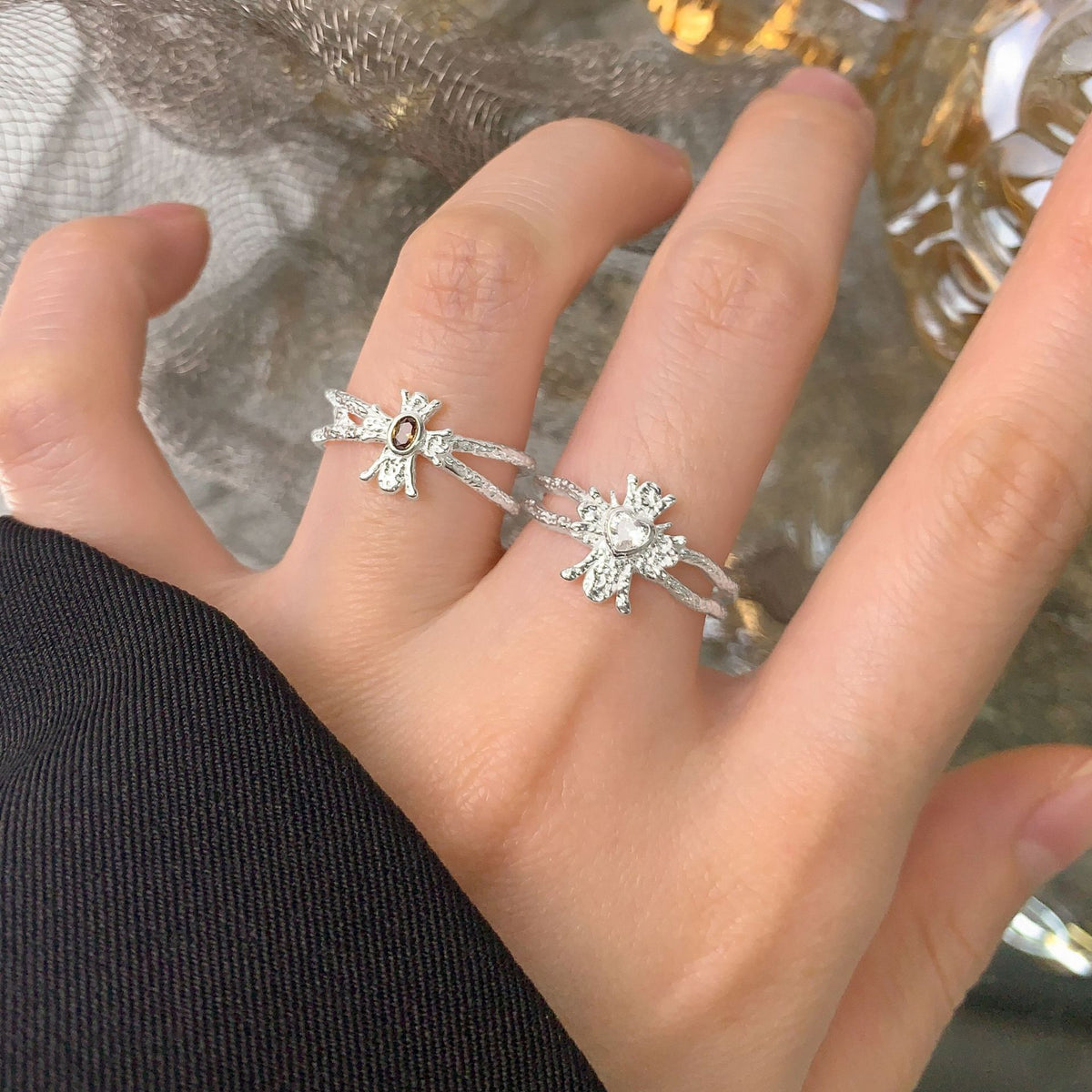 Party Irregular Heart CZ 925 Sterling Silver Adjustable Ring
