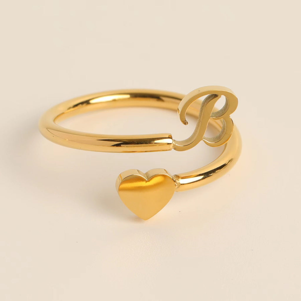 initial simple letter ring, three-dimensional heart-shaped tail ring, adjustable openin