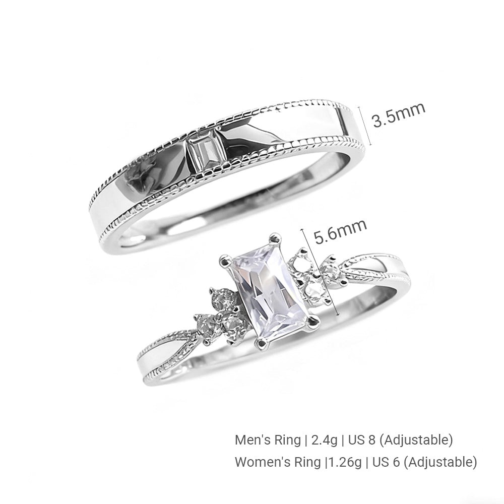 Chic Timeless Square Zircon Matching Bands for Men Women Silver S925 Sterling Silver Pair Couple Rings