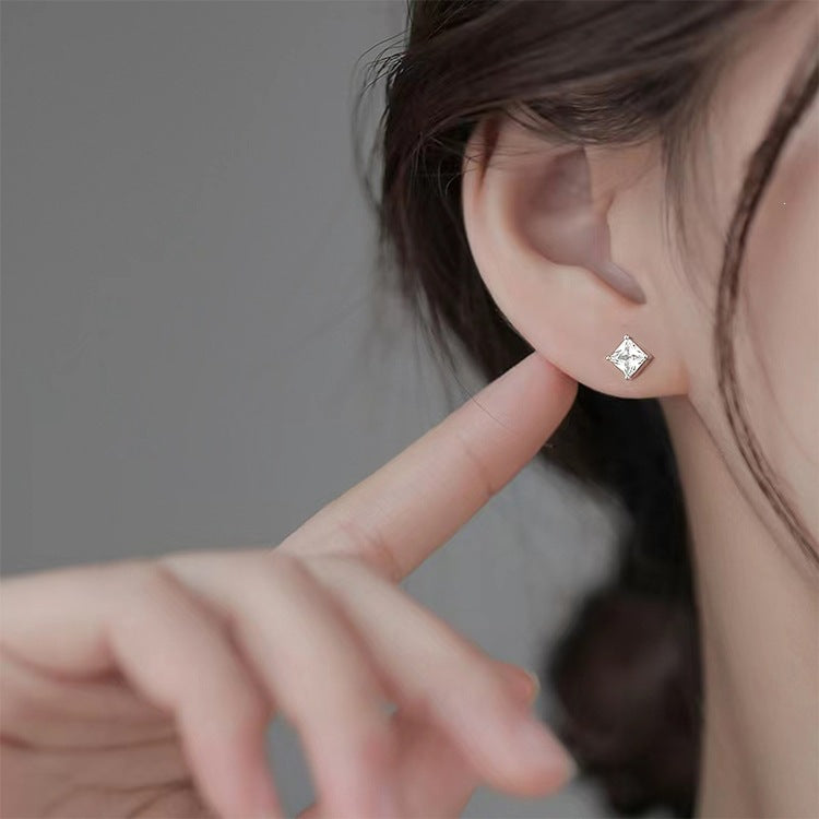 Princess Cut Cubic Zirconia Four Prong 925 Sterling Silver Stud Earrings Geometric White Gold Color Minimal Unisex Earrings
